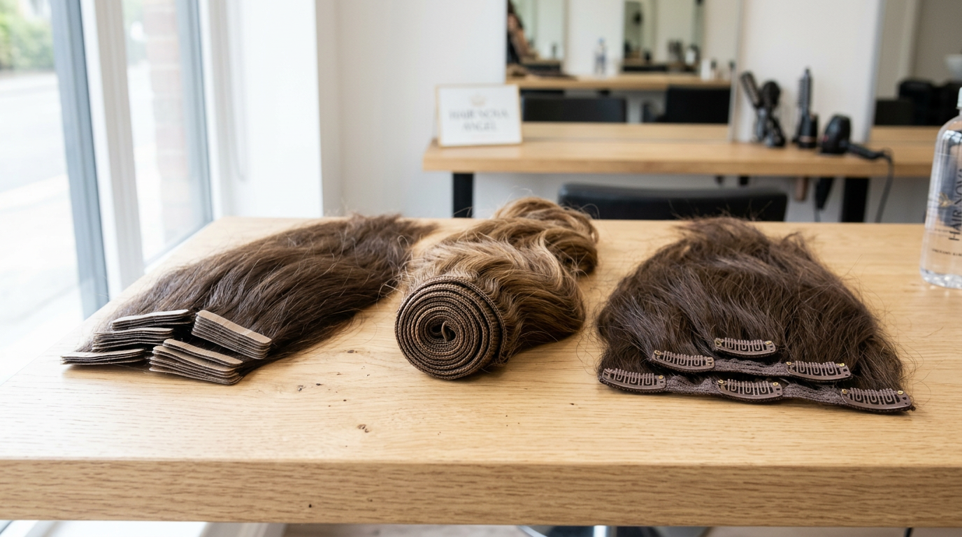 Client trying different hair extension styles at Hair Nova Angel