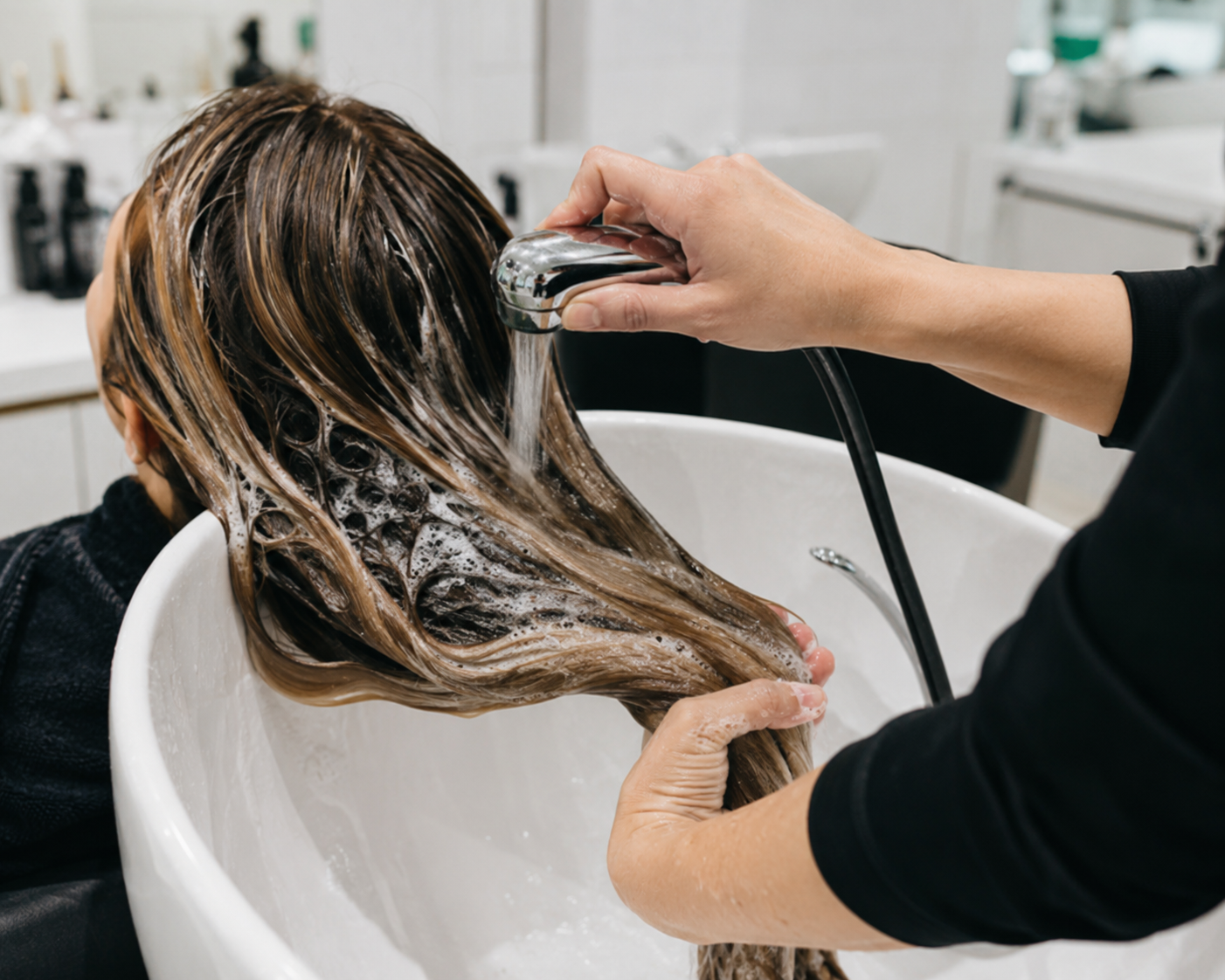 Woman gently washing her hair extensions the correct way at Hair Nova Angel