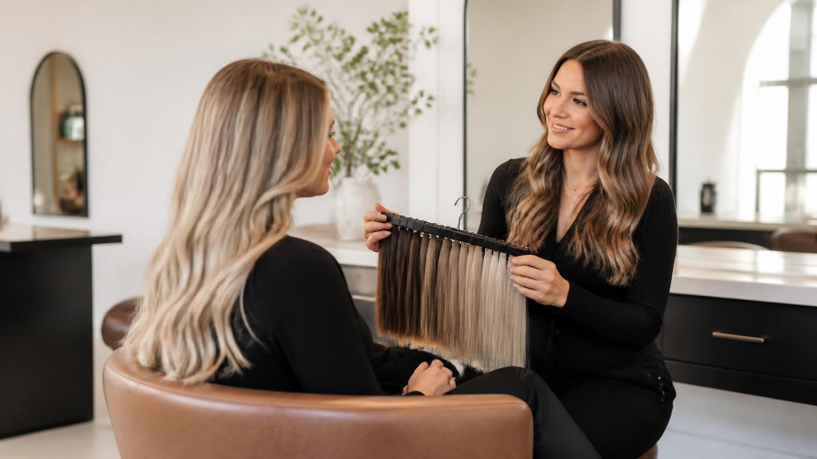 Hair extension consultation and colour matching at Hair Nova Angel Islington